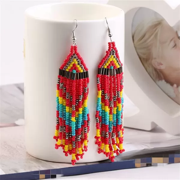 Geometric Long Fringe Drop Statement Earrings Handmade Boho Ethnic Beaded Tassel Dangle Hook Stud Earring Colorized Seed Beads Chandelier Bohemian Retro Party Y2K Jewelry RedGeometric Long Fringe Drop Statement Earrings Handmade Boho Ethnic Beaded Tassel Dangle Hook Stud Earring Colorized Seed Beads Chandelier Bohemian Retro Party Y2K Jewelry Red