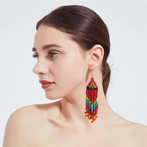 Geometric Long Fringe Drop Statement Earrings Handmade Boho Ethnic Beaded Tassel Dangle Hook Stud Earring Colorized Seed Beads Chandelier Bohemian Retro Party Y2K Jewelry RedGeometric Long Fringe Drop Statement Earrings Handmade Boho Ethnic Beaded Tassel Dangle Hook Stud Earring Colorized Seed Beads Chandelier Bohemian Retro Party Y2K Jewelry Red