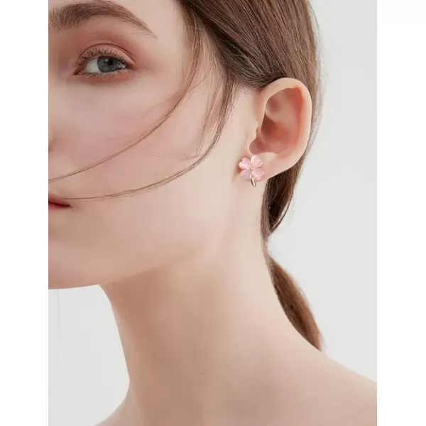 Green Cat Eyes Clover Flower Earrings for Women Girls 925 Sterling Silver Post Pin Hypoallergenic Lucky Love Heart 4 Leaf Petal Small Cute Studs Earring Dainty Gifts for Mother Sister AuntPink