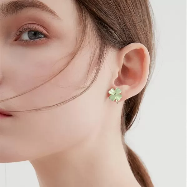 Green Cat Eyes Clover Flower Earrings for Women Girls 925 Sterling Silver Post Pin Hypoallergenic Lucky Love Heart 4 Leaf Petal Small Cute Studs Earring Dainty Gifts for Mother Sister AuntJadeGreen