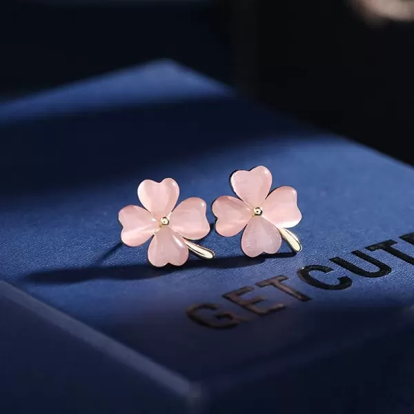 Green Cat Eyes Clover Flower Earrings for Women Girls 925 Sterling Silver Post Pin Hypoallergenic Lucky Love Heart 4 Leaf Petal Small Cute Studs Earring Dainty Gifts for Mother Sister AuntPink