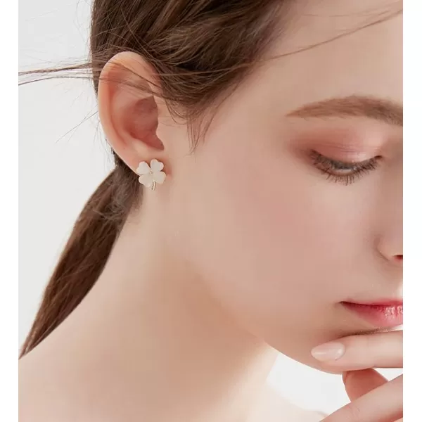 Green Cat Eyes Clover Flower Earrings for Women Girls 925 Sterling Silver Post Pin Hypoallergenic Lucky Love Heart 4 Leaf Petal Small Cute Studs Earring Dainty Gifts for Mother Sister AuntWhite