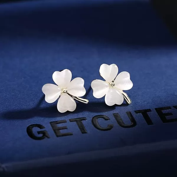 Green Cat Eyes Clover Flower Earrings for Women Girls 925 Sterling Silver Post Pin Hypoallergenic Lucky Love Heart 4 Leaf Petal Small Cute Studs Earring Dainty Gifts for Mother Sister AuntWhite