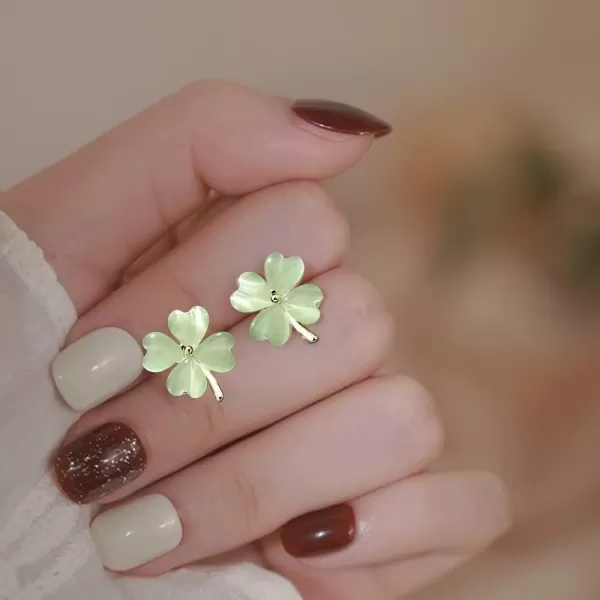 Green Cat Eyes Clover Flower Earrings for Women Girls 925 Sterling Silver Post Pin Hypoallergenic Lucky Love Heart 4 Leaf Petal Small Cute Studs Earring Dainty Gifts for Mother Sister AuntJadeGreen
