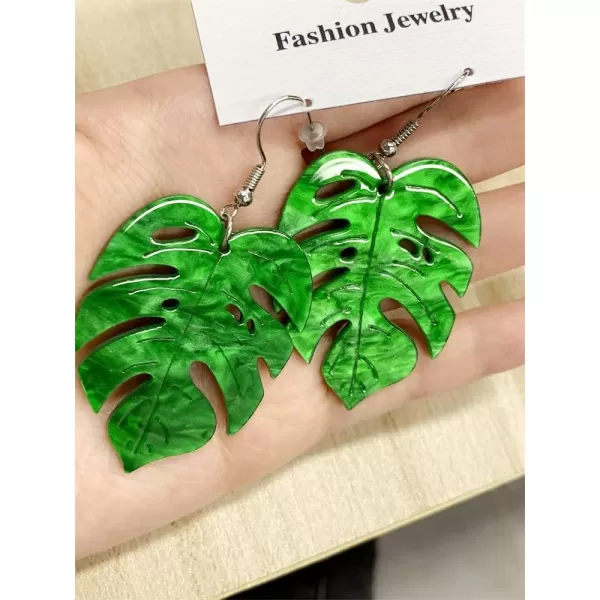 Green Palm Leaf Dangle Earrings for Women Girls Lightweight Resin Tropical Green Plant Charms Drop Fish Hook Stud Earring Fashion Cute Halloween Christmas Festival Ornament Jewelry Unique Gifts Nature LoverLeaf