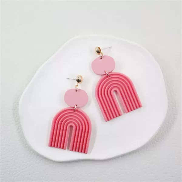 Handmade Boho Polymer Clay Dangle Earrings for Women Girls Gold Plated Love Heart Colorful Ceramic U Shape Charms Drop Dangling Stud Lightweight Hypoallergenic Retro Y2K Party JewelryPink