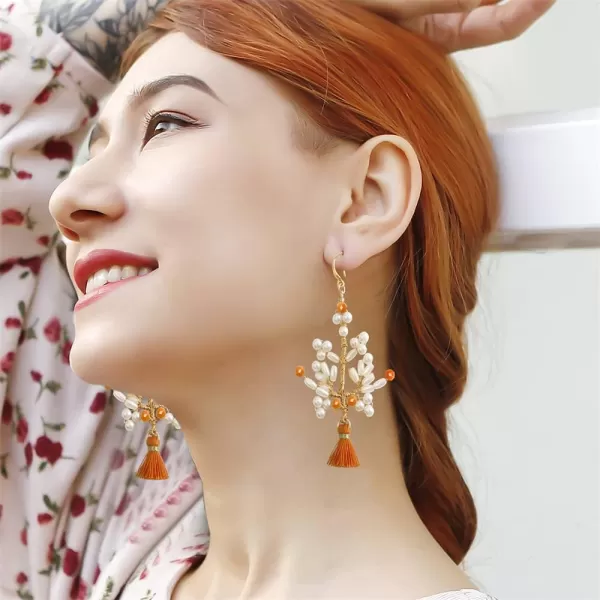 Handmade Pearl Tree Dangle Earrings for Women Girls 18K Gold Plated Orange Acrylic Bead Boho Lightweight Fringe Statement Drop Hook Stud Hypoallergenic Retro Birthday Anniversary Party Jewelry GiftsOrange