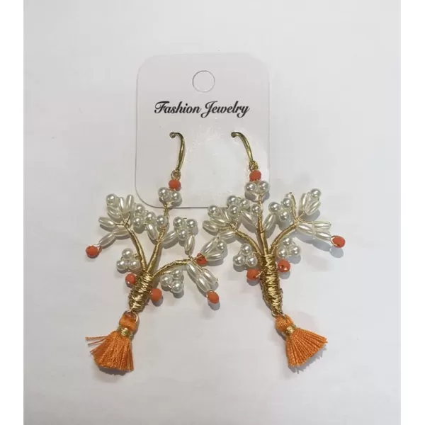 Handmade Pearl Tree Dangle Earrings for Women Girls 18K Gold Plated Orange Acrylic Bead Boho Lightweight Fringe Statement Drop Hook Stud Hypoallergenic Retro Birthday Anniversary Party Jewelry GiftsOrange