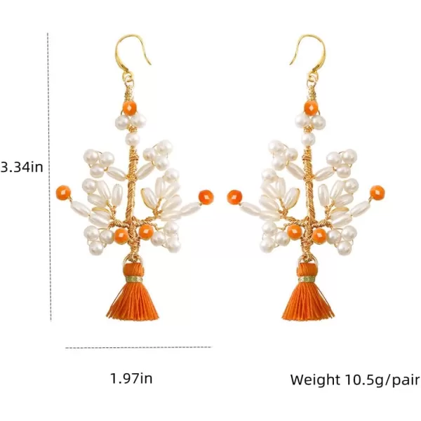 Handmade Pearl Tree Dangle Earrings for Women Girls 18K Gold Plated Orange Acrylic Bead Boho Lightweight Fringe Statement Drop Hook Stud Hypoallergenic Retro Birthday Anniversary Party Jewelry GiftsOrange