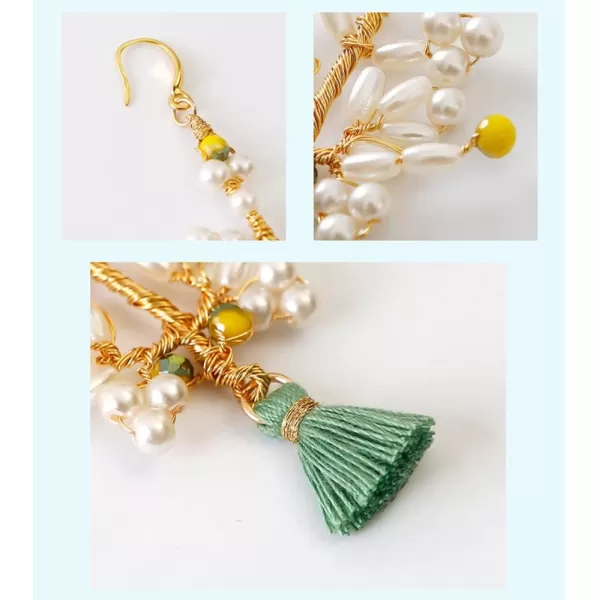Handmade Pearl Tree Dangle Earrings for Women Girls 18K Gold Plated Orange Acrylic Bead Boho Lightweight Fringe Statement Drop Hook Stud Hypoallergenic Retro Birthday Anniversary Party Jewelry GiftsGreen