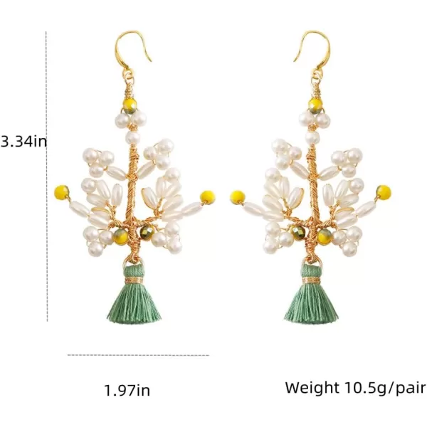 Handmade Pearl Tree Dangle Earrings for Women Girls 18K Gold Plated Orange Acrylic Bead Boho Lightweight Fringe Statement Drop Hook Stud Hypoallergenic Retro Birthday Anniversary Party Jewelry GiftsGreen