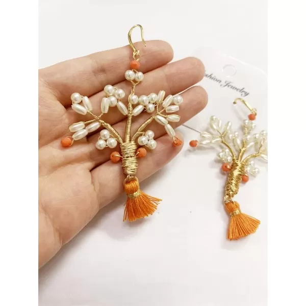 Handmade Pearl Tree Dangle Earrings for Women Girls 18K Gold Plated Orange Acrylic Bead Boho Lightweight Fringe Statement Drop Hook Stud Hypoallergenic Retro Birthday Anniversary Party Jewelry GiftsOrange