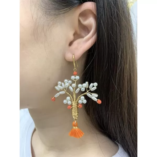 Handmade Pearl Tree Dangle Earrings for Women Girls 18K Gold Plated Orange Acrylic Bead Boho Lightweight Fringe Statement Drop Hook Stud Hypoallergenic Retro Birthday Anniversary Party Jewelry GiftsOrange