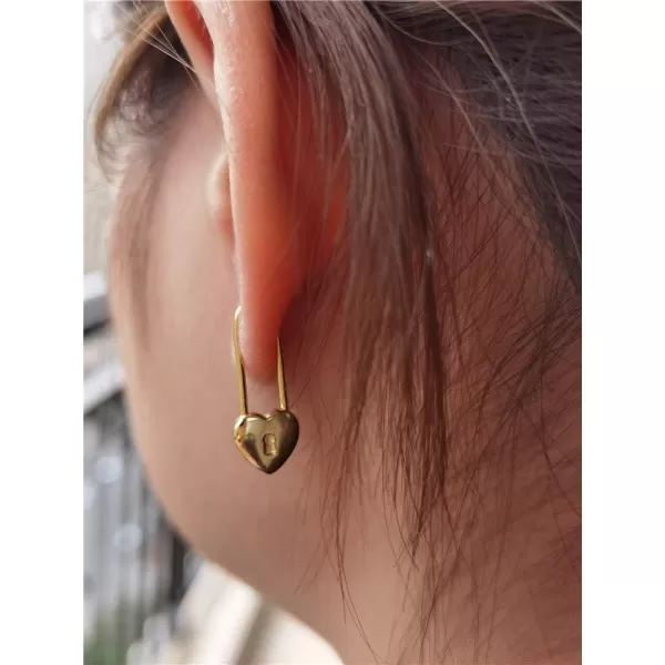 Heart Safety Pin Sterling Silver Small Hoop Earrings for Women Girls Minimalist Huggie Hoops Cute Love Lock Cartilage Drop Dangle Earring Fashion Christmas Birthday Thanksgiving Jewelry Gifts 15mmGold