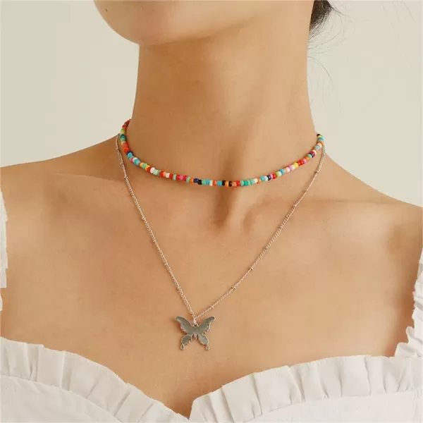 Layered Butterfly Bead Choker Pendant Necklace for Women Girls Silver Plated Polished Big Animal Boho Colorful Rainbow Beaded Seeds Chain Fashion Hawaiian Summer Beach Y2K JewelryLayered Butterfly Bead Choker Pendant Necklace for Women Girls Silver Plated Polished Big Animal Boho Colorful Rainbow Beaded Seeds Chain Fashion Hawaiian Summer Beach Y2K Jewelry