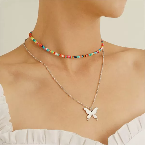 Layered Butterfly Bead Choker Pendant Necklace for Women Girls Silver Plated Polished Big Animal Boho Colorful Rainbow Beaded Seeds Chain Fashion Hawaiian Summer Beach Y2K JewelryLayered Butterfly Bead Choker Pendant Necklace for Women Girls Silver Plated Polished Big Animal Boho Colorful Rainbow Beaded Seeds Chain Fashion Hawaiian Summer Beach Y2K Jewelry