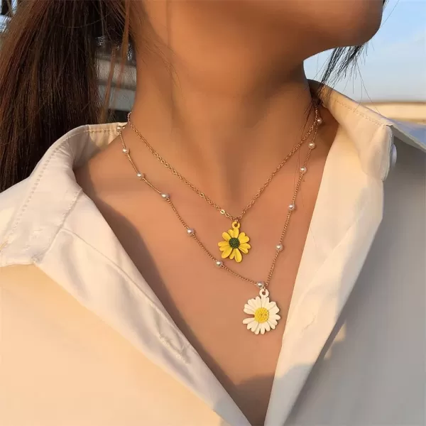 Layered Daisy Flower Pendant Necklaces for Women Girls Gold Plated Acrylic Resin White Yellow Sunflowers Shell Pearls Charms Link Choker Chains Adjustable Cute JewelryLayered Daisy Flower Pendant Necklaces for Women Girls Gold Plated Acrylic Resin White Yellow Sunflowers Shell Pearls Charms Link Choker Chains Adjustable Cute Jewelry