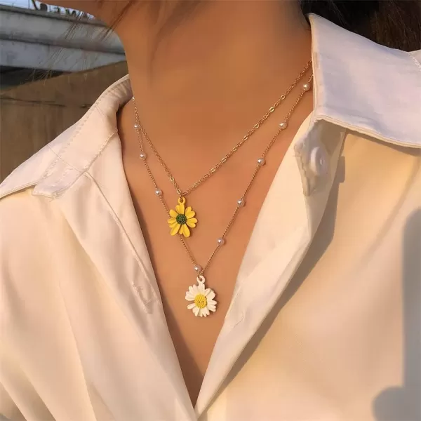 Layered Daisy Flower Pendant Necklaces for Women Girls Gold Plated Acrylic Resin White Yellow Sunflowers Shell Pearls Charms Link Choker Chains Adjustable Cute JewelryLayered Daisy Flower Pendant Necklaces for Women Girls Gold Plated Acrylic Resin White Yellow Sunflowers Shell Pearls Charms Link Choker Chains Adjustable Cute Jewelry