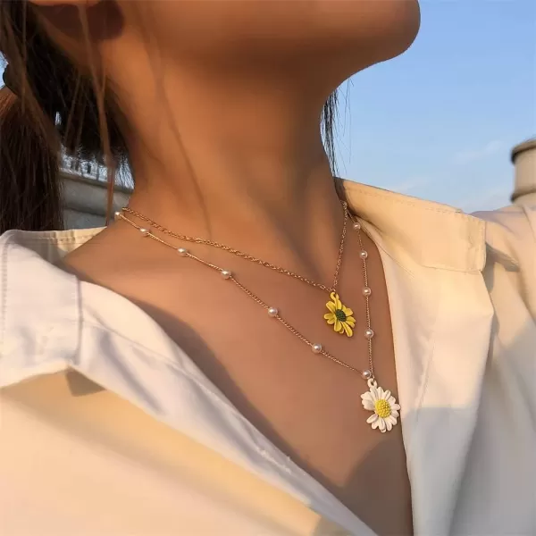 Layered Daisy Flower Pendant Necklaces for Women Girls Gold Plated Acrylic Resin White Yellow Sunflowers Shell Pearls Charms Link Choker Chains Adjustable Cute JewelryLayered Daisy Flower Pendant Necklaces for Women Girls Gold Plated Acrylic Resin White Yellow Sunflowers Shell Pearls Charms Link Choker Chains Adjustable Cute Jewelry
