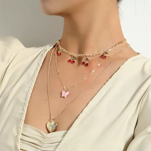 Layered Heart Locket Pendant Necklaces Set for Women Girls Cute Charms Acrylic Butterfly Enameled Cherry Fruit Link Chain Choker Necklace Retro Birthday Party Y2K Jewelry Gifts for Little Girl 2 PiecesLayered Heart Locket Pendant Necklaces Set for Women Girls Cute Charms Acrylic Butterfly Enameled Cherry Fruit Link Chain Choker Necklace Retro Birthday Party Y2K Jewelry Gifts for Little Girl 2 Pieces
