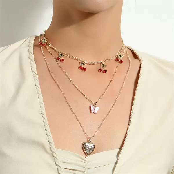 Layered Heart Locket Pendant Necklaces Set for Women Girls Cute Charms Acrylic Butterfly Enameled Cherry Fruit Link Chain Choker Necklace Retro Birthday Party Y2K Jewelry Gifts for Little Girl 2 PiecesLayered Heart Locket Pendant Necklaces Set for Women Girls Cute Charms Acrylic Butterfly Enameled Cherry Fruit Link Chain Choker Necklace Retro Birthday Party Y2K Jewelry Gifts for Little Girl 2 Pieces