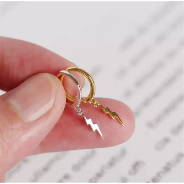 Lightning Bolt Dangle Hoop Earrings for Women Teen Girls 925 Sterling Silver with Charms Huggie Flash Dipped Drop Cartilage Clip Earrings Cute Punk Delicate Fashion Jewelry Gift Best FriendGold