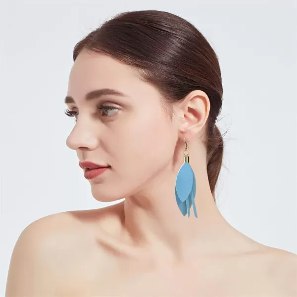 Lightweight Layered Leather Palm Leaf Earrings for Women Girls Doublesided Long Big Summer Statement Drop Dangle Hook Stud Fashion Boho Beachy Party Jewelry GiftsBlue