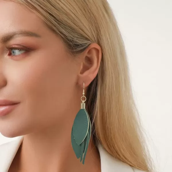 Lightweight Layered Leather Palm Leaf Earrings for Women Girls Doublesided Long Big Summer Statement Drop Dangle Hook Stud Fashion Boho Beachy Party Jewelry GiftsGreen