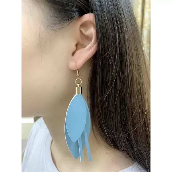 Lightweight Layered Leather Palm Leaf Earrings for Women Girls Doublesided Long Big Summer Statement Drop Dangle Hook Stud Fashion Boho Beachy Party Jewelry GiftsBlue
