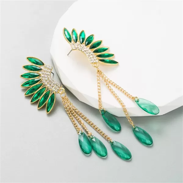 Long Crystal Wings Dangle Earrings for Women Girls Gold Plated Tassel Chain Drop Dangling Climber Stud Earring Exggerated Lightweight Christmas Birthday Wedding Jewelry GiftsGreen