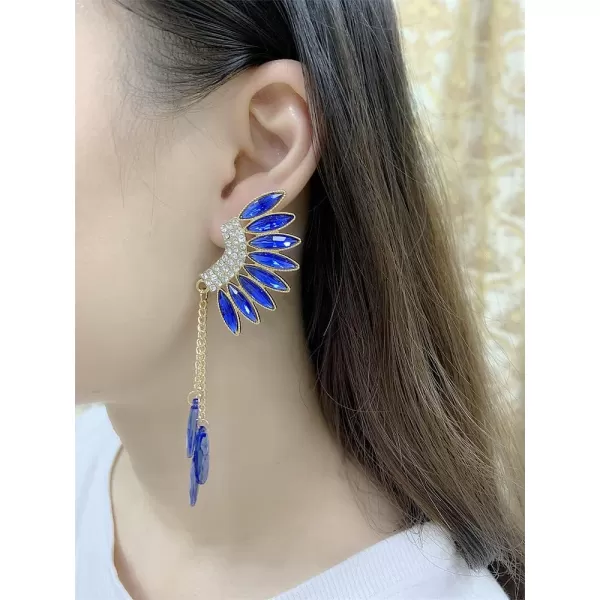Long Crystal Wings Dangle Earrings for Women Girls Gold Plated Tassel Chain Drop Dangling Climber Stud Earring Exggerated Lightweight Christmas Birthday Wedding Jewelry GiftsBlue