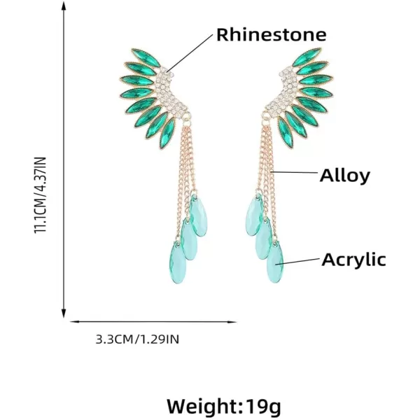 Long Crystal Wings Dangle Earrings for Women Girls Gold Plated Tassel Chain Drop Dangling Climber Stud Earring Exggerated Lightweight Christmas Birthday Wedding Jewelry GiftsBlue