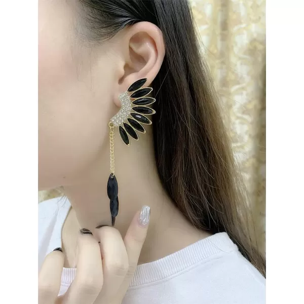 Long Crystal Wings Dangle Earrings for Women Girls Gold Plated Tassel Chain Drop Dangling Climber Stud Earring Exggerated Lightweight Christmas Birthday Wedding Jewelry GiftsBlack
