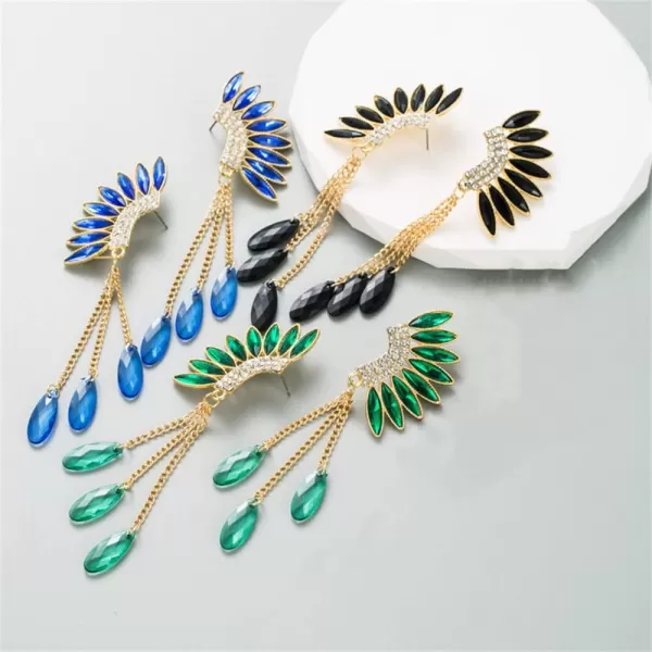 Long Crystal Wings Dangle Earrings for Women Girls Gold Plated Tassel Chain Drop Dangling Climber Stud Earring Exggerated Lightweight Christmas Birthday Wedding Jewelry GiftsBlack