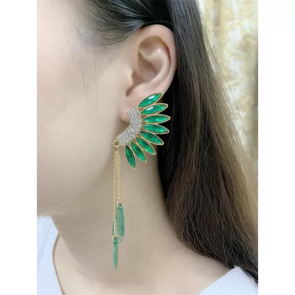Long Crystal Wings Dangle Earrings for Women Girls Gold Plated Tassel Chain Drop Dangling Climber Stud Earring Exggerated Lightweight Christmas Birthday Wedding Jewelry GiftsGreen