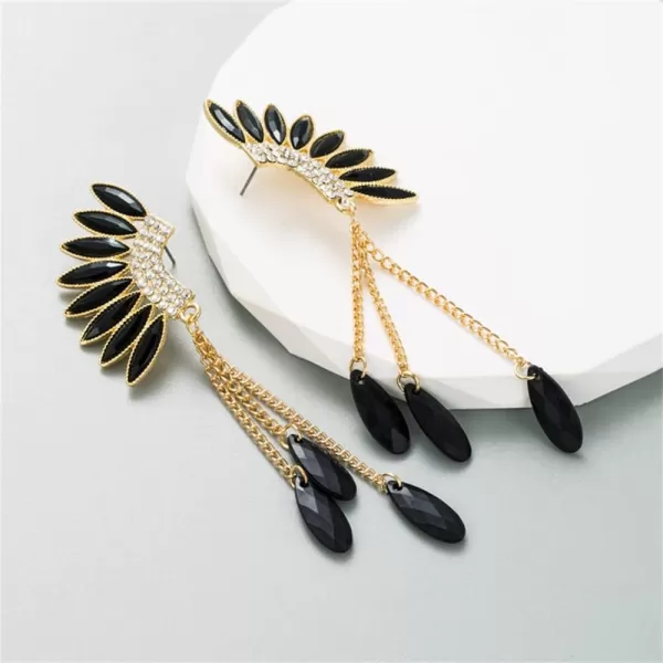 Long Crystal Wings Dangle Earrings for Women Girls Gold Plated Tassel Chain Drop Dangling Climber Stud Earring Exggerated Lightweight Christmas Birthday Wedding Jewelry GiftsBlack