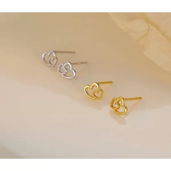 Minimalist Closer Hearts Sterling Silver Earrings for Women Girls Tiny Small Hollow Love Hearted Stud Cartilage Tragus Post Pin Hypoallergenic Pierced Ear Jewelry Birthday Holiday Valentine Gifts14K Gold Plated