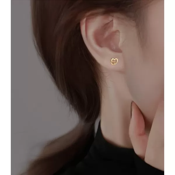 Minimalist Closer Hearts Sterling Silver Earrings for Women Girls Tiny Small Hollow Love Hearted Stud Cartilage Tragus Post Pin Hypoallergenic Pierced Ear Jewelry Birthday Holiday Valentine Gifts14K Gold Plated