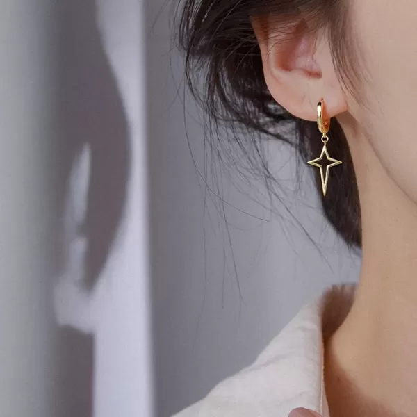 Minimalist Cross Hollow Star Dangle Drop Small Hoop Earrings for Women Girls Men 925 Sterling Silver Charms Huggie Constellation Tiny Star Cartilage Studs Earring Pierced Ear Filigree Crucifix Jewelrygold plated