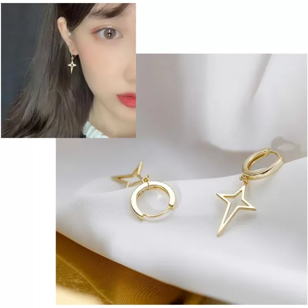 Minimalist Cross Hollow Star Dangle Drop Small Hoop Earrings for Women Girls Men 925 Sterling Silver Charms Huggie Constellation Tiny Star Cartilage Studs Earring Pierced Ear Filigree Crucifix Jewelrygold plated