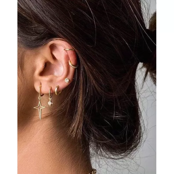 Minimalist Cross Hollow Star Dangle Drop Small Hoop Earrings for Women Girls Men 925 Sterling Silver Charms Huggie Constellation Tiny Star Cartilage Studs Earring Pierced Ear Filigree Crucifix Jewelrygold plated