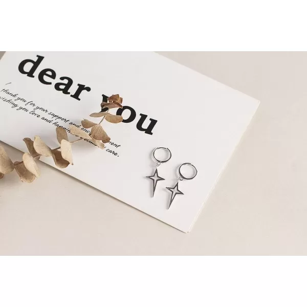 Minimalist Cross Hollow Star Dangle Drop Small Hoop Earrings for Women Girls Men 925 Sterling Silver Charms Huggie Constellation Tiny Star Cartilage Studs Earring Pierced Ear Filigree Crucifix Jewelrysilver