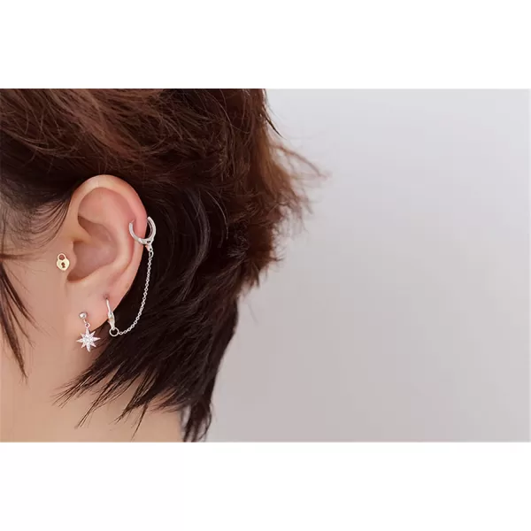 Minimalist Double Hoop Earrings for Women Girls Men Sterling Silver Pair Small Hoops Dangle Chain Drop Dangle Cartilage Second Hole Fashion Personalized Punk Jewelry 1 PieceSilver