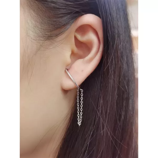 Minimalist Suspension Hoop Ear Cuff Chain Dangle Drop Earrings for Women Girls 925 Silver Plated C Shaped Huggie Hoops Long Tassel Dangling Layered Curved Bar Stud Hypoallergenic EarringTassel Drop