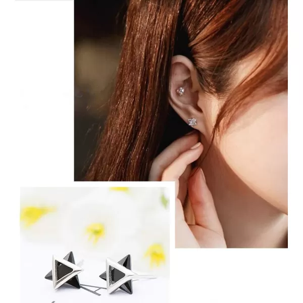 Minimalist Triangle CZ Stud Earrings for Women Girls S925 Sterling Silver Tiny Small Cute Geometrical David Star Sparkling Cubic Zirconia Hypoallergenic Pierced Ear Studs Tragus PostClear Crystal