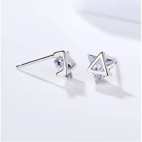 Minimalist Triangle CZ Stud Earrings for Women Girls S925 Sterling Silver Tiny Small Cute Geometrical David Star Sparkling Cubic Zirconia Hypoallergenic Pierced Ear Studs Tragus PostClear Crystal