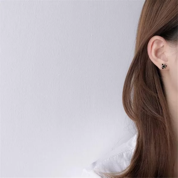 Minimalist Triangle CZ Stud Earrings for Women Girls S925 Sterling Silver Tiny Small Cute Geometrical David Star Sparkling Cubic Zirconia Hypoallergenic Pierced Ear Studs Tragus PostBlack Crystal