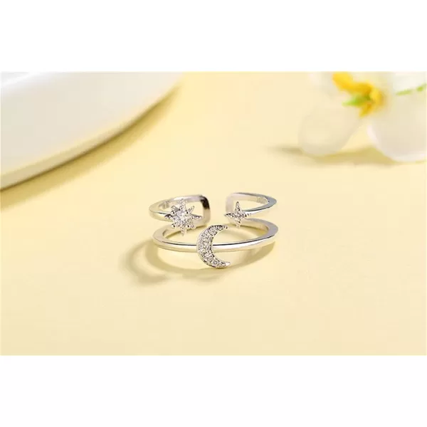Moon Star Sun Statement Silver Plated Ring for Women Girls CZ Engagement Layered Open Band Rings Adjustable Expandable Comfort Fit Wedding Promise Birthday Party Jewelry Gift Double LinesMoon Star Sun Statement Silver Plated Ring for Women Girls CZ Engagement Layered Open Band Rings Adjustable Expandable Comfort Fit Wedding Promise Birthday Party Jewelry Gift Double Lines