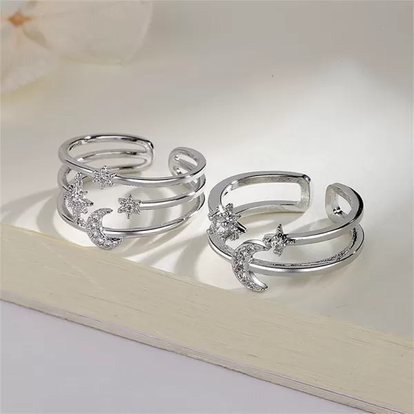 Moon Star Sun Statement Silver Plated Ring for Women Girls CZ Engagement Layered Open Band Rings Adjustable Expandable Comfort Fit Wedding Promise Birthday Party Jewelry Gift Double LinesMoon Star Sun Statement Silver Plated Ring for Women Girls CZ Engagement Layered Open Band Rings Adjustable Expandable Comfort Fit Wedding Promise Birthday Party Jewelry Gift Double Lines