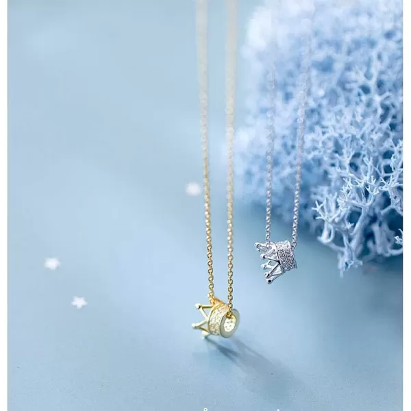 Princess Crown Charm Necklace for Women Girls 925 Sterling Silver Delicate Cute Crystal CZ Queen Royal Tiara Pendant Luck Choker 18 Silver Chain Adjustable Dainty Wedding Jewelry Birthday Gift BoxGold Plated
